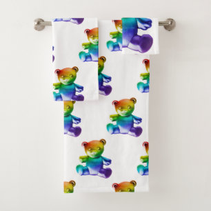 SlipperyJoe's brushed metal teddy bear rainbow gra Bath Towel Set
