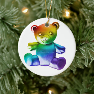 SlipperyJoe's brushed metal teddy bear rainbow gra Ceramic Tree Decoration