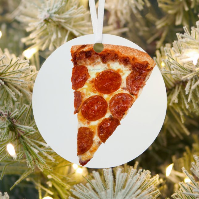SlipperyJoe's classic pepperoni pizza slice melted Metal Tree Decoration (Insitu)
