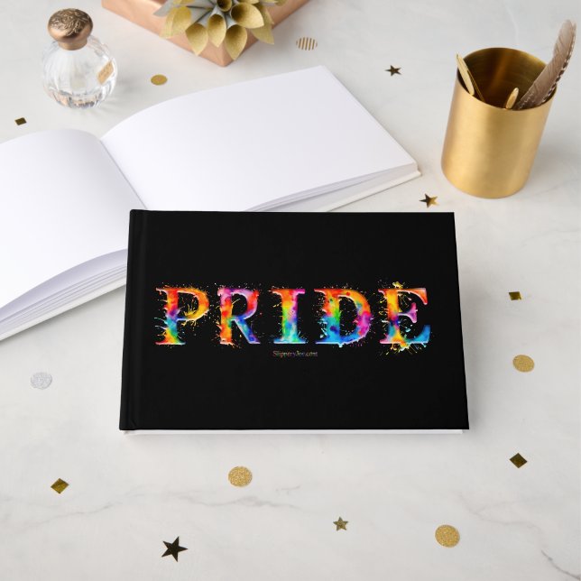 SlipperyJoe's colourful creative Pride-themed text Guest Book (Front Open)