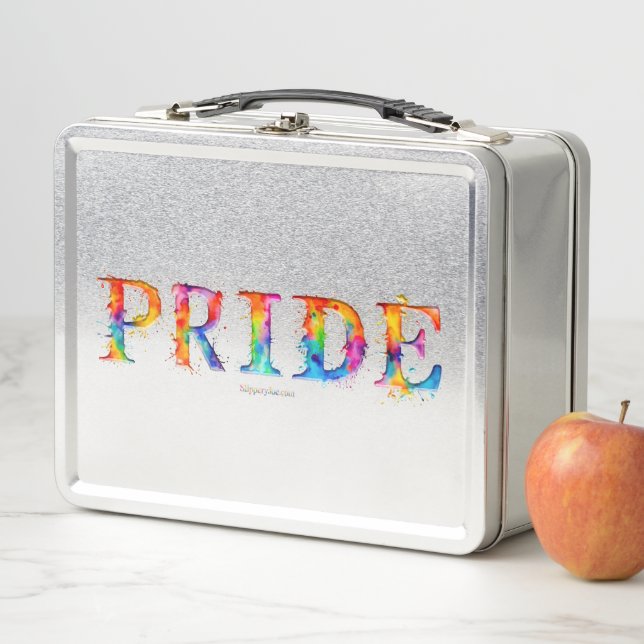 SlipperyJoe's colourful creative Pride-themed text Metal Lunch Box (In Situ)