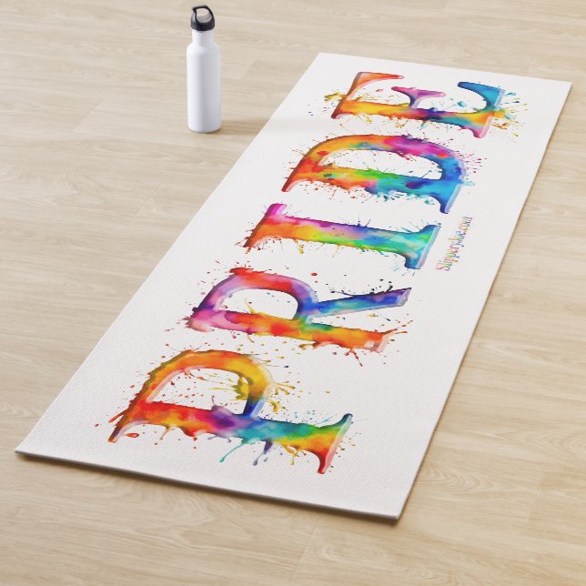 SlipperyJoe's colourful creative Pride-themed text Yoga Mat (In Situ)
