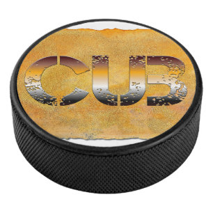 SlipperyJoe's cub bear words gold brown tan white  Hockey Puck