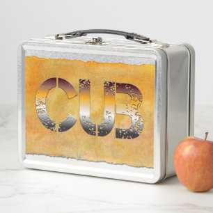 SlipperyJoe's cub bear words gold brown tan white Metal Lunch Box