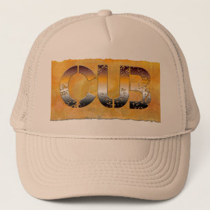 SlipperyJoe's cub bear words gold brown tan white Trucker Hat