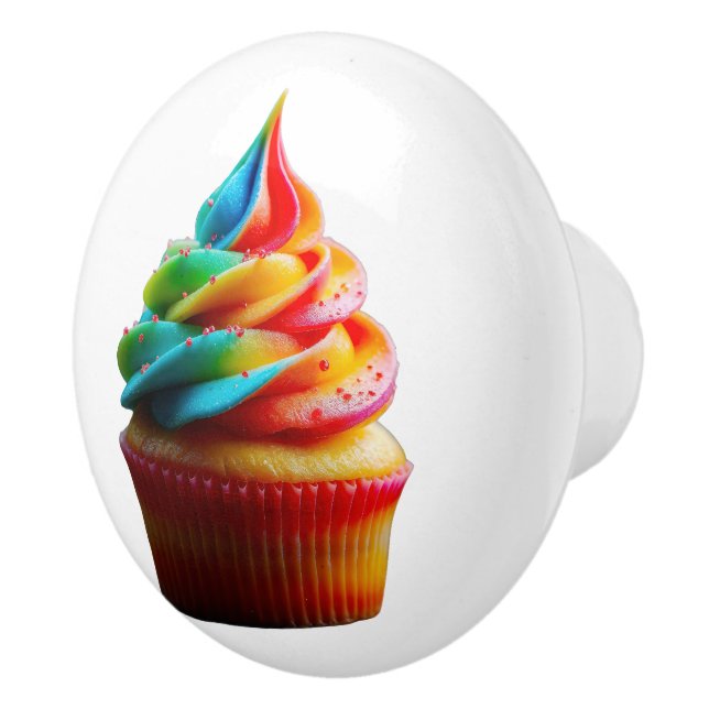 SlipperyJoe's dazzling rainbow cupcake swirled fro Ceramic Knob (Right)