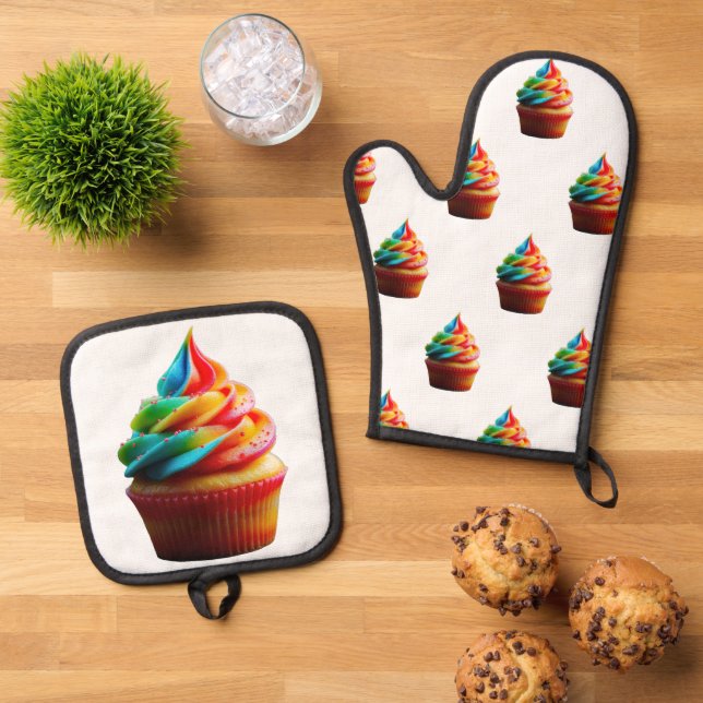 SlipperyJoe's dazzling rainbow cupcake swirled fro Oven Mitt & Pot Holder Set (Top Down)