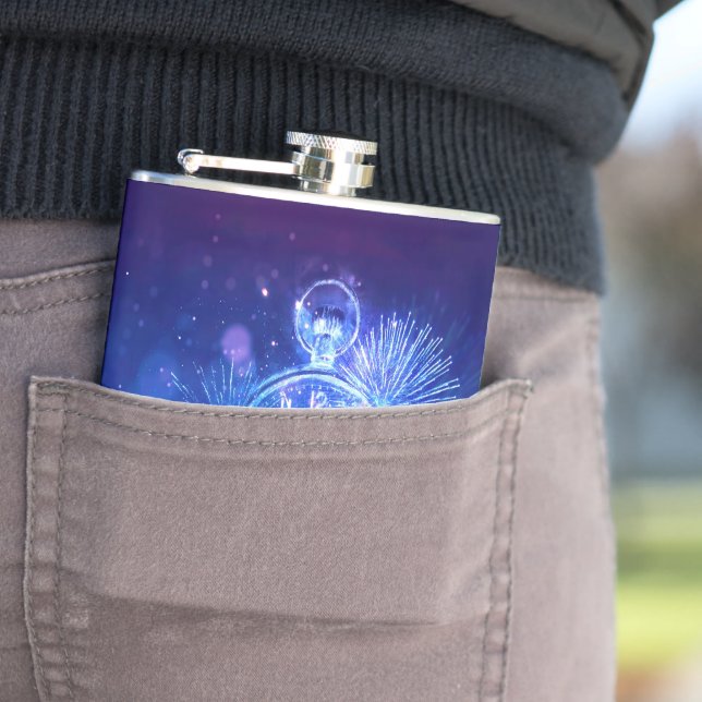SlipperyJoe's electric thrill New Year’s Eve clock Hip Flask (In Situ)