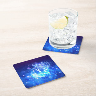 SlipperyJoe's electric thrill New Year’s Eve clock Square Paper Coaster