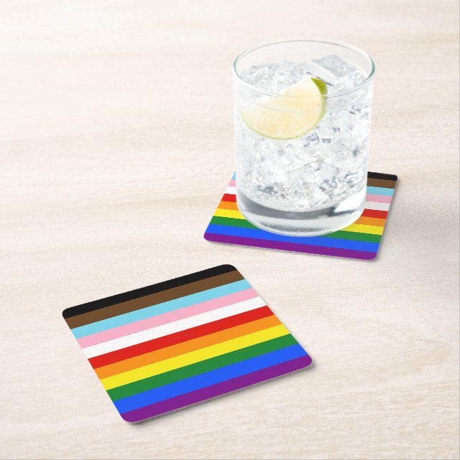 SlipperyJoe's Eleven Stripe Pride Flag blends Phil Square Paper Coaster (Insitu)