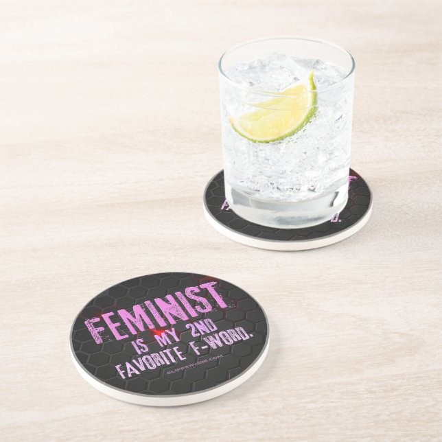 SlipperyJoe's Feminist f-word glowing red 3-D blac Coaster (Side)