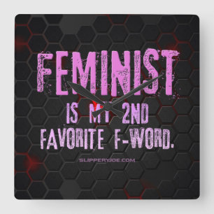 SlipperyJoe's Feminist f-word glowing red 3-D blac Square Wall Clock