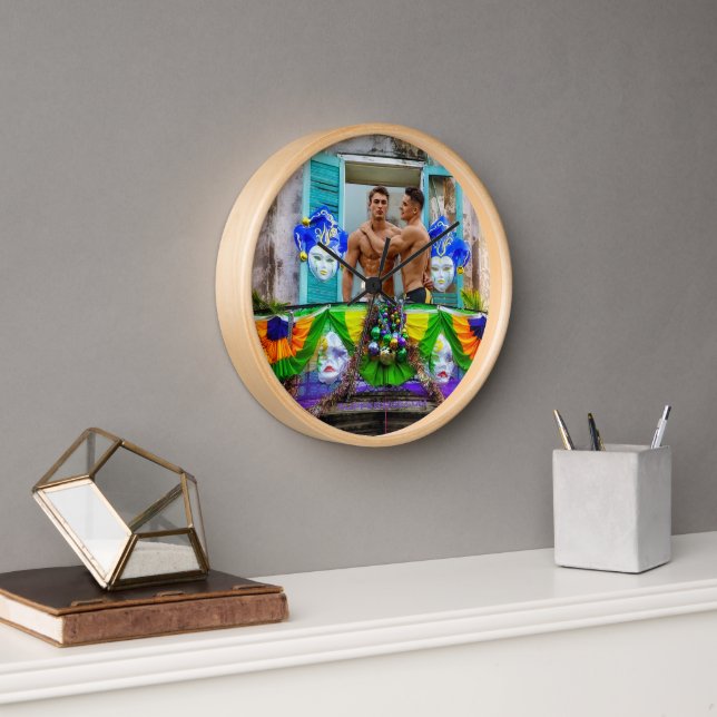SlipperyJoe's festive Mardi Gras scene two men wea Clock (Office)
