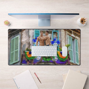 SlipperyJoe's festive Mardi Gras scene two men wea Desk Mat