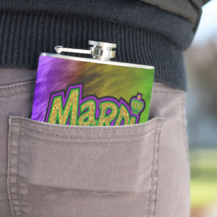 SlipperyJoe's festive Mardi Gras theme crown reinf Hip Flask