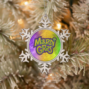 SlipperyJoe's festive Mardi Gras theme crown reinf Snowflake Pewter Christmas Ornament