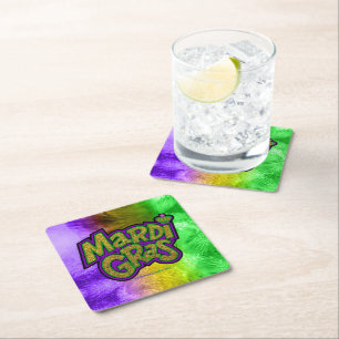 SlipperyJoe's festive Mardi Gras theme crown reinf Square Paper Coaster