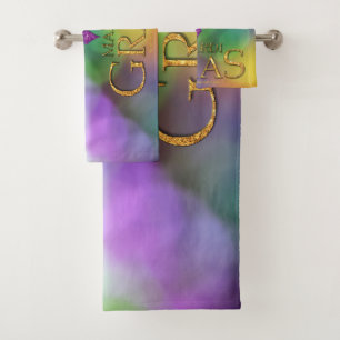 SlipperyJoe's festive Mardi Gras themed purple gre Bath Towel Set