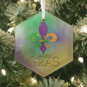 SlipperyJoe's festive Mardi Gras themed purple gre Glass Tree Decoration