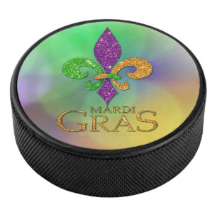 SlipperyJoe's festive Mardi Gras themed purple gre Hockey Puck