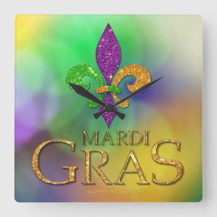 SlipperyJoe's festive Mardi Gras themed purple gre Square Wall Clock