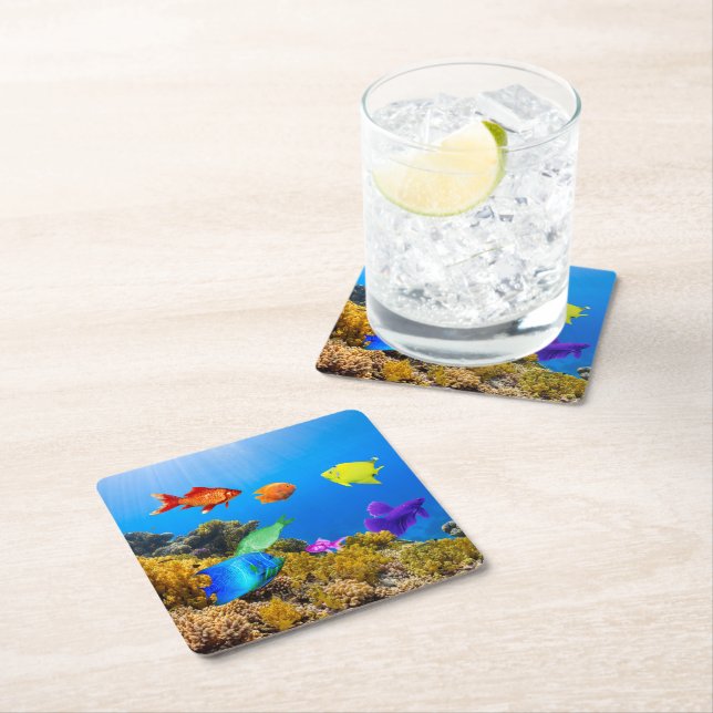 SlipperyJoe's Fish Pride tropical green blue purpl Square Paper Coaster (Insitu)