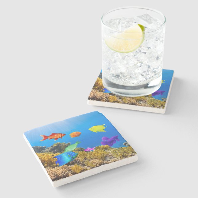 SlipperyJoe's Fish Pride tropical green blue purpl Stone Coaster (Side)