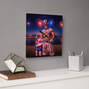 SlipperyJoe's Fourth of July celebration bare hair Square Wall Clock