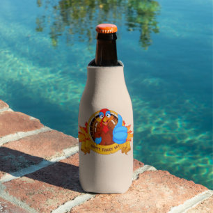 SlipperyJoe's fun cartoon-style Thanksgiving desig Bottle Cooler
