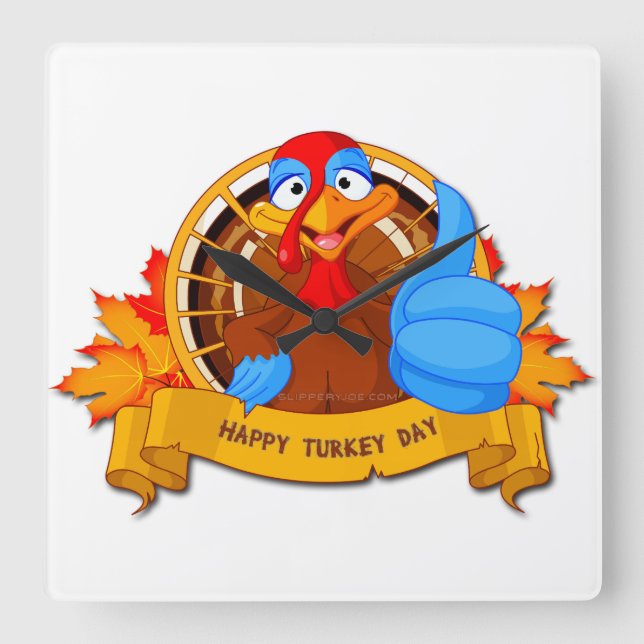 SlipperyJoe's fun cartoon-style Thanksgiving desig Square Wall Clock (Front)