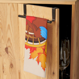 SlipperyJoe's fun cartoon-style Thanksgiving desig Tea Towel