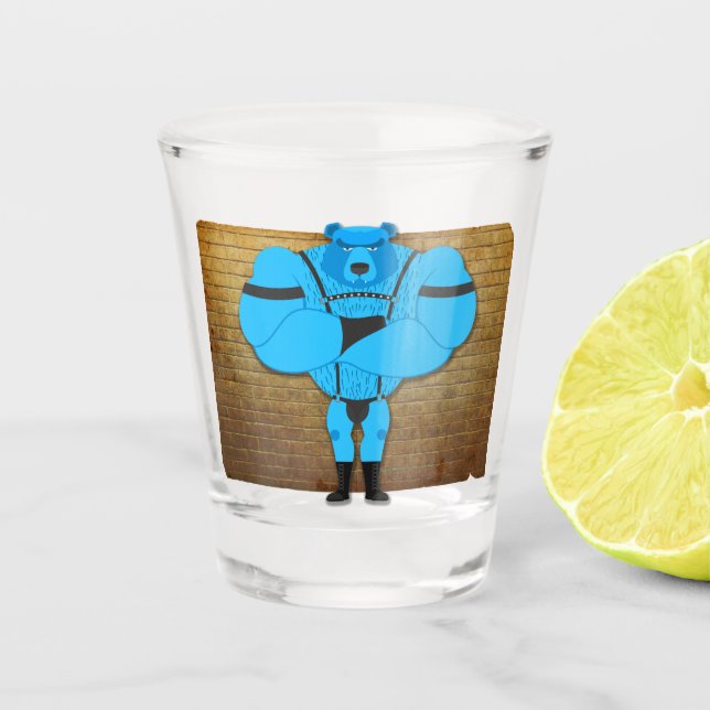 SlipperyJoe's gay muscle bear cartoon thong leathe Shot Glass (Front)