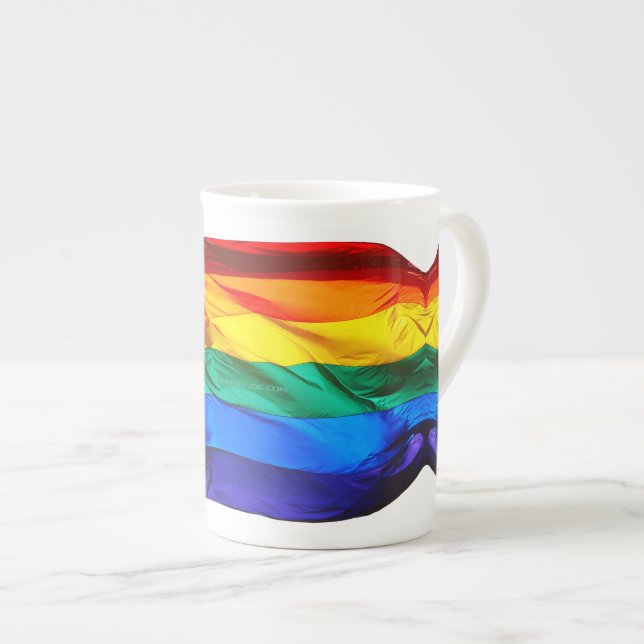 SlipperyJoe's gay pride flag waving pride colours  Bone China Mug (Front Right)