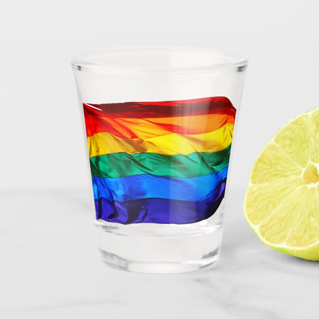 SlipperyJoe's gay pride flag waving pride colours  Shot Glass (Front)