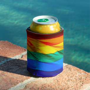 SlipperyJoe's gay pride flag waving red orange yel Can Cooler