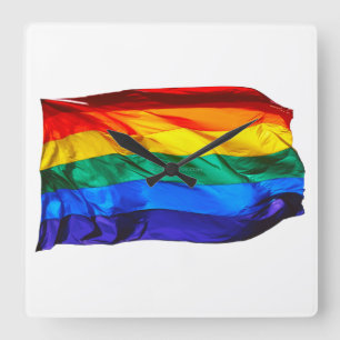 SlipperyJoe's gay pride flag waving red orange yel Square Wall Clock