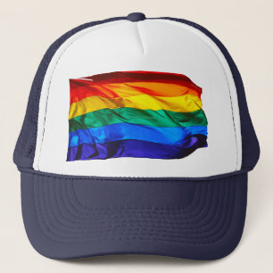 SlipperyJoe's gay pride flag waving red orange yel Trucker Hat