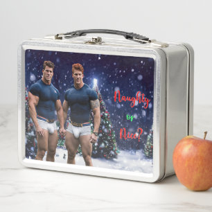 SlipperyJoe's glowing Christmas trees two muscular Metal Lunch Box