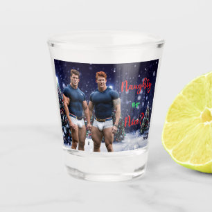 SlipperyJoe's glowing Christmas trees two muscular Shot Glass