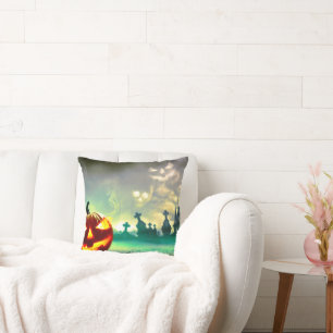 SlipperyJoe's glowing jack‑o’-lantern Halloween wa Cushion