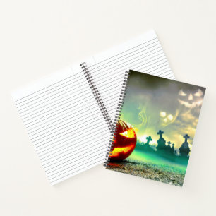 SlipperyJoe's glowing jack‑o’-lantern Halloween wa Notebook