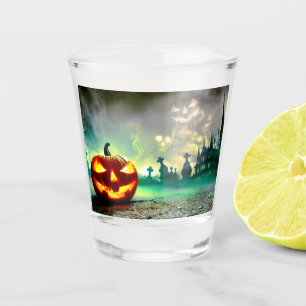 SlipperyJoe's glowing jack‑o’-lantern Halloween wa Shot Glass