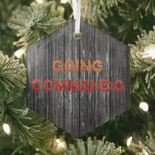 SlipperyJoe's Going Commando bold red orange lette Glass Tree Decoration (Insitu)