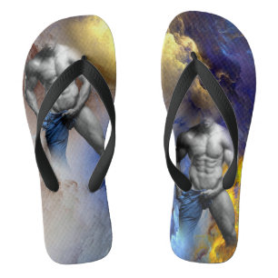 SlipperyJoe's grayscale muscular man physique yell Jandals