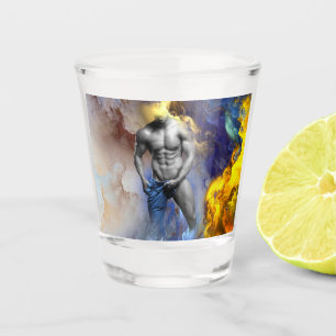 SlipperyJoe's grayscale muscular man physique yell Shot Glass