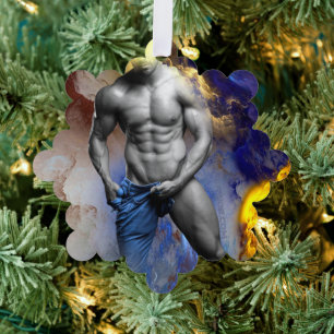 SlipperyJoe's grayscale muscular man physique yell Tree Decoration Card