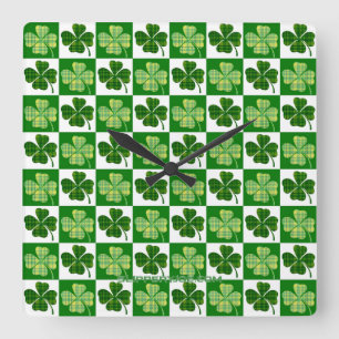 SlipperyJoe's green four-leaf clovers Saint Patric Square Wall Clock