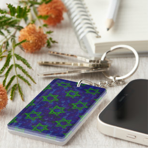 SlipperyJoe's Hanukkah green rows Stars of David c Key Ring