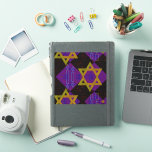 SlipperyJoe's Hanukkah-themed image golden yellow<br><div class="desc">SlipperyJoe's Hanukkah-themed image golden yellow Star of David blue candles with orange flames Menorah-inspired art gift idea Jewish identity spirituality holiday retro bold symmetrical pattern diamond-shaped grid background blends tradition and vibrant design purple black chequerboard effect Hebrew religious celebration</div>
