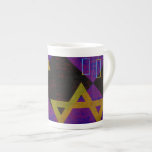 SlipperyJoe's Hanukkah-themed image golden yellow  Bone China Mug<br><div class="desc">SlipperyJoe's Hanukkah-themed image golden yellow Star of David blue candles with orange flames Menorah-inspired art gift idea Jewish identity spirituality holiday retro bold symmetrical pattern diamond-shaped grid background blends tradition and vibrant design purple black chequerboard effect Hebrew religious celebration</div>
